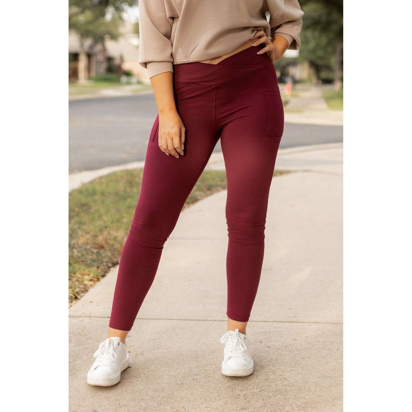 Ready to Ship | The Molly - MAROON Crossover Full Length Leggings with Pockets  - Luxe Leggings by Julia Rose®