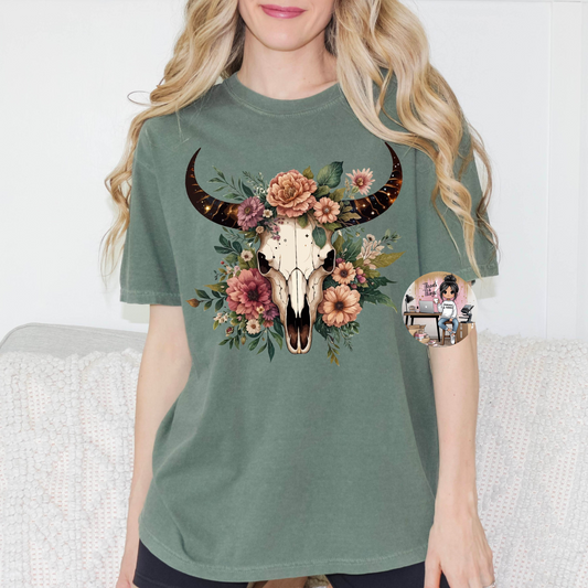 Floral Bull Skull DTF Transfer Tshirt